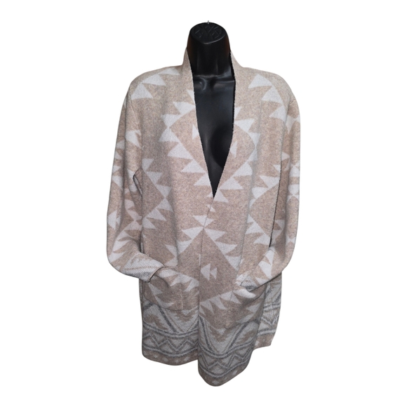 Frye Aztec Cardigan Sweater XL Beige Boho Open Front Tribal Southwestern Cozy - Picture 2 of 7